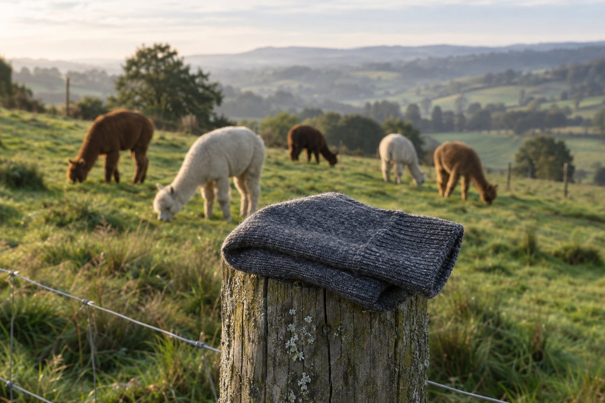 Alpacas grazing on a green hillside with a pair of grey alpaca wool socks folded on a fence post
