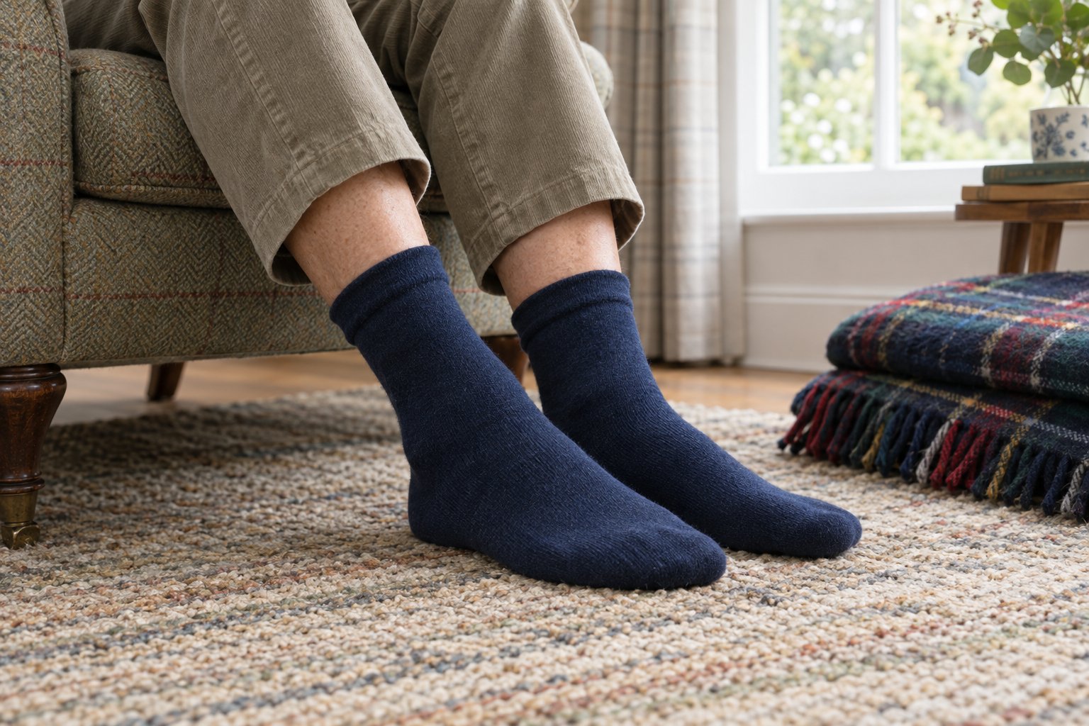 Relaxed navy wool socks with a soft non-binding cuff on feet resting on a woven rug