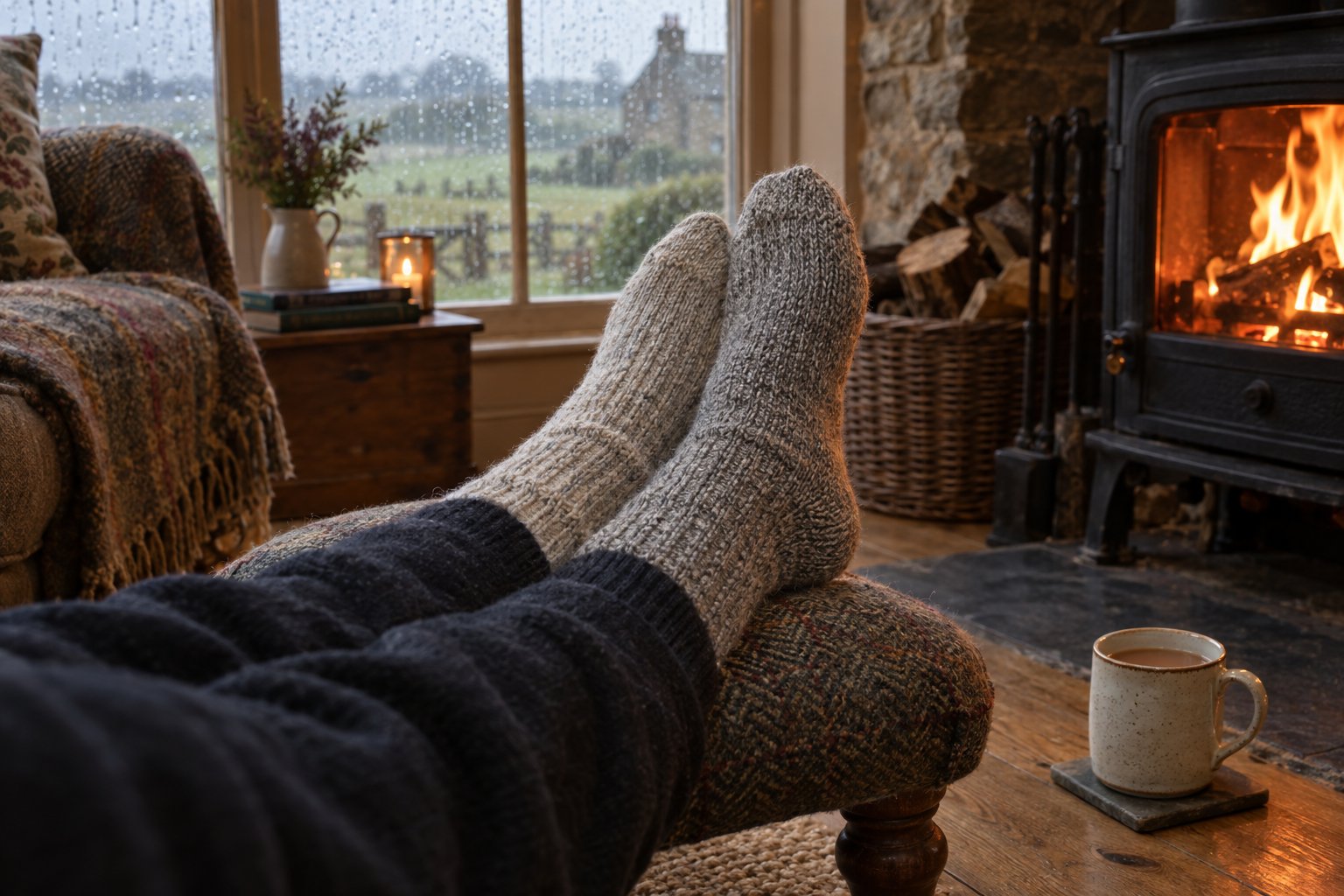Feet in thick wool socks resting on a footstool by a wood-burning stove with a mug of tea