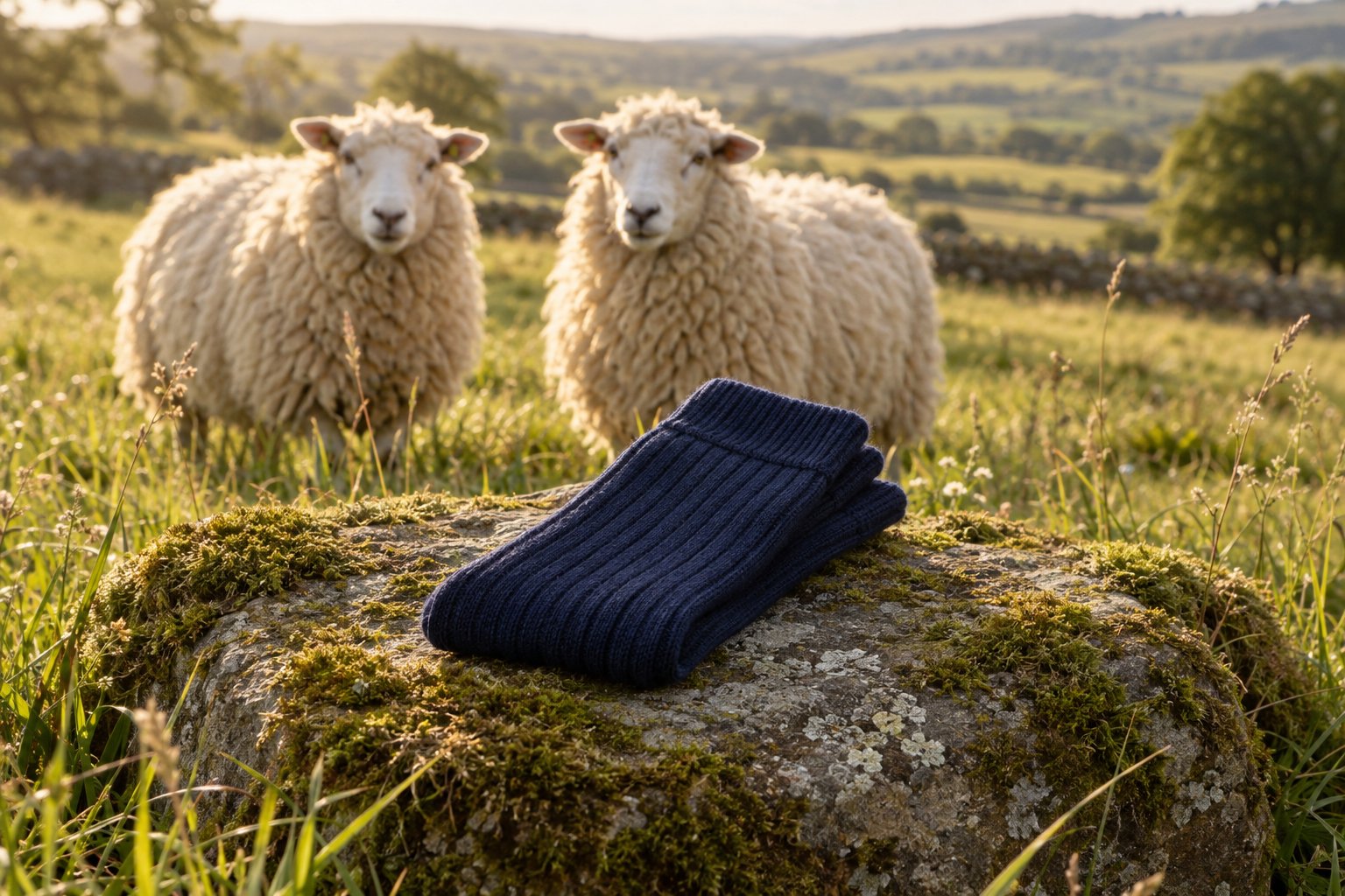 Two merino sheep in a sunlit meadow behind a pair of navy ribbed merino wool socks on a mossy stone