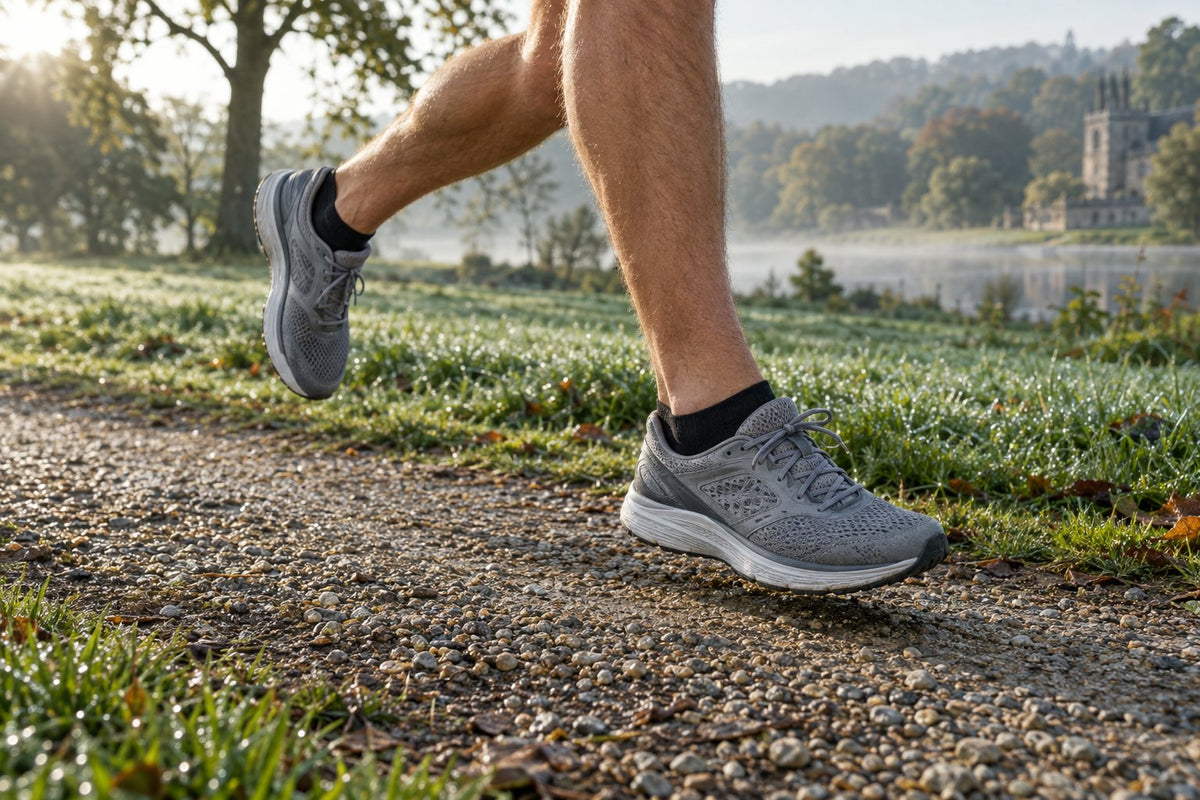 Runner in grey trainers and black merino trainer socks on a gravel park trail in the morning