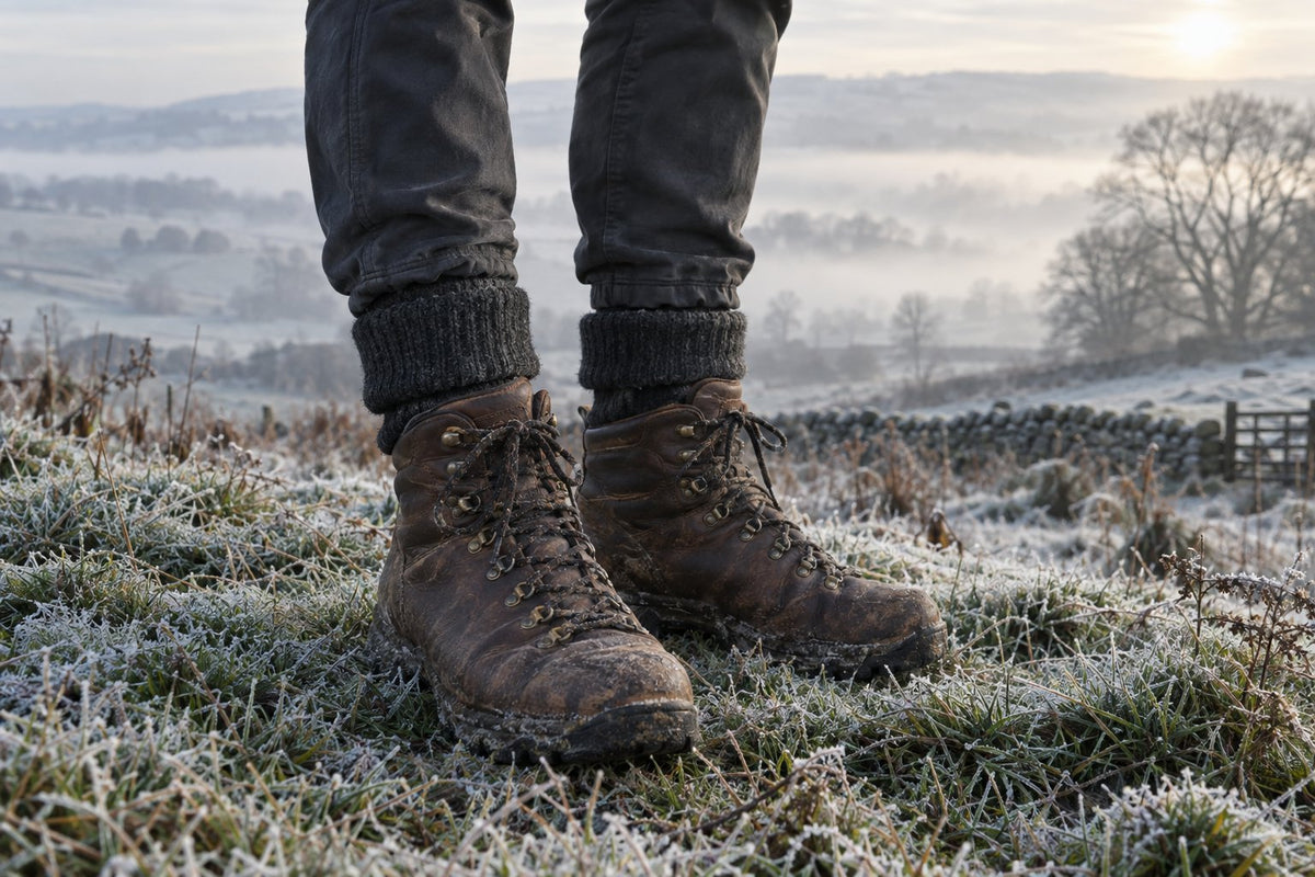 Walking boots with thick charcoal wool socks on frosty grass on a misty winter morning