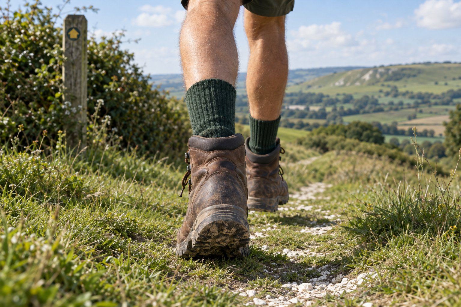 Walker in brown boots and green wool walking socks on a chalk footpath through English countryside