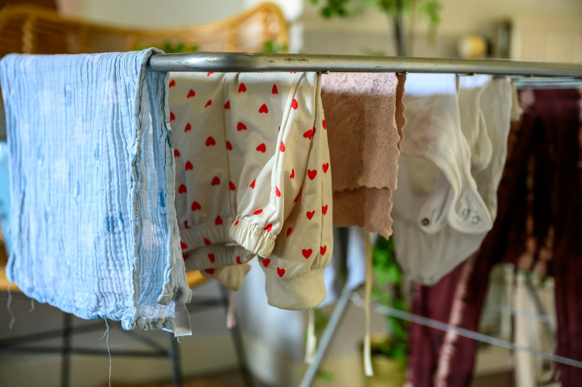 Washing drying on an indoor clothes rack