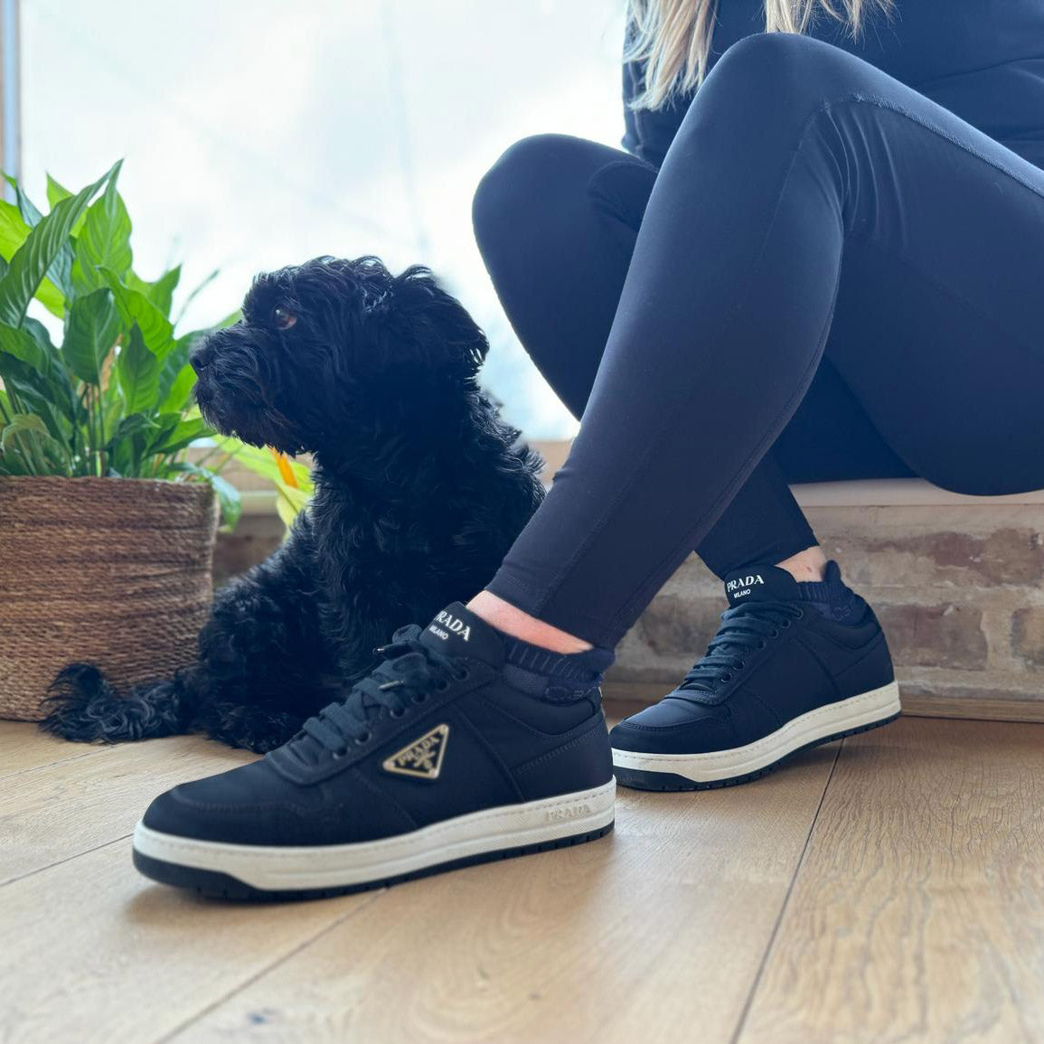 A woman in blue leggings and navy trainers sitting on a patio beside a small black dog, wearing black alpaca ankle socks.