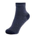 A navy merino wool ankle sock with cushioned heel and toe, shown on a white background.