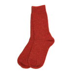 A pair of red flecked ribbed merino wool boot socks folded on a white background.