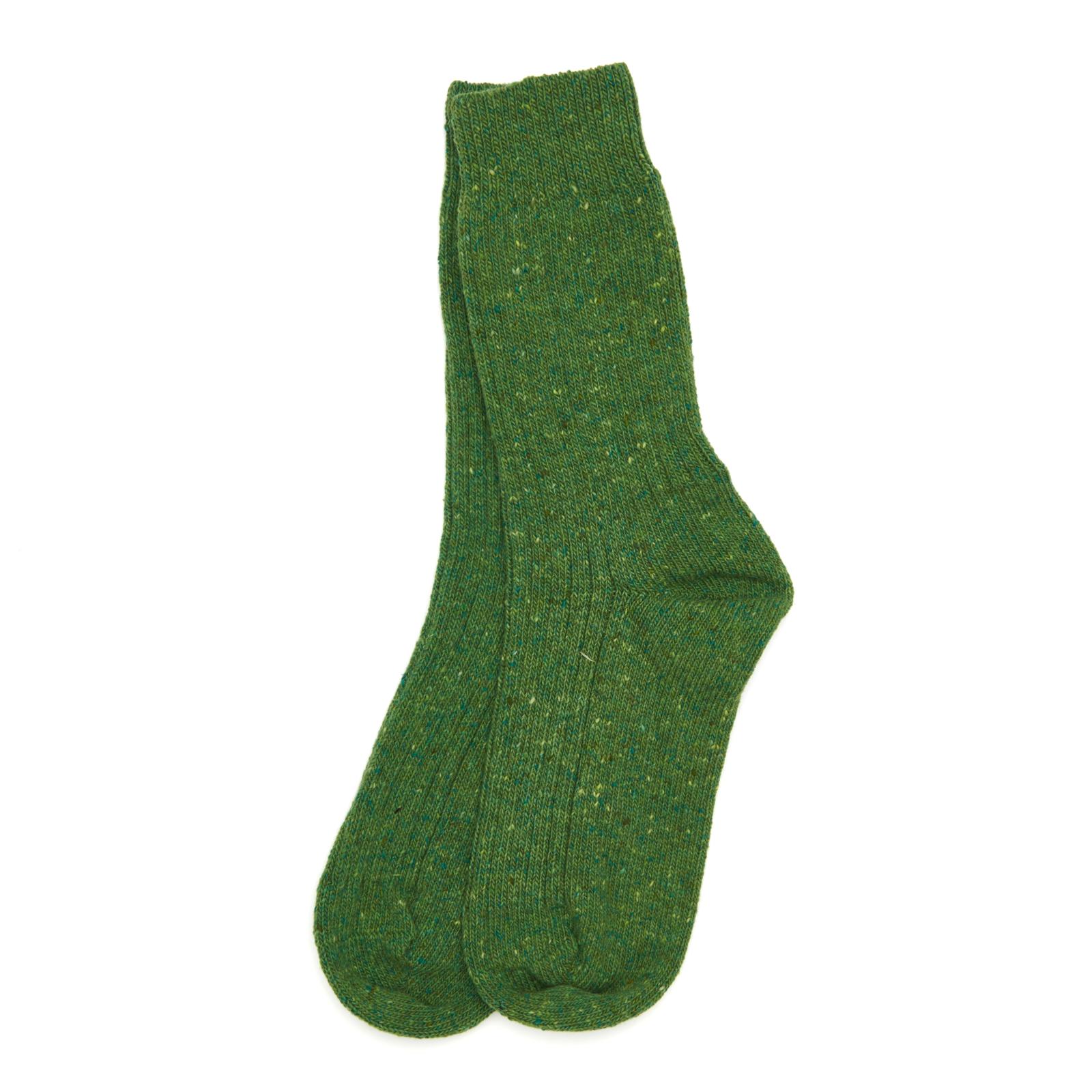 A pair of green flecked ribbed merino wool boot socks folded on a white background.