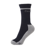 A navy merino wool crew sock with a grey heel, toe and cuff stripe, shown on a white background.