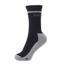 A navy merino wool crew sock with a grey heel, toe and cuff stripe, shown on a white background.