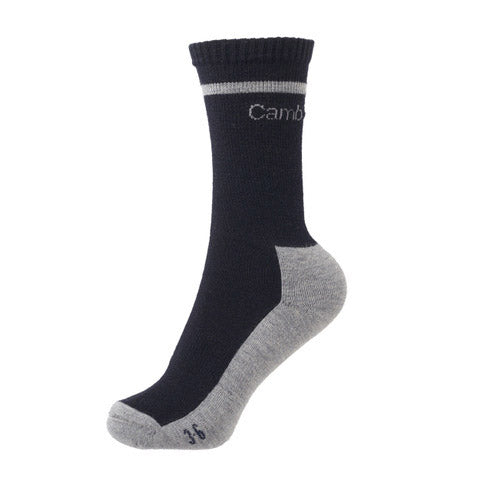 A navy merino wool crew sock with a grey heel, toe and cuff stripe, shown on a white background.