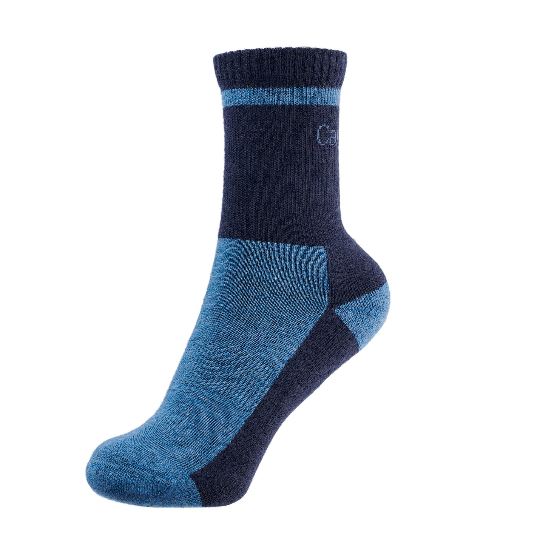 A navy and teal two-tone merino wool sock with cushioned sole, shown on a white background.
