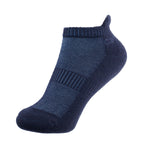 A navy merino wool trainer sock with ribbed arch support panel, shown on a white background.