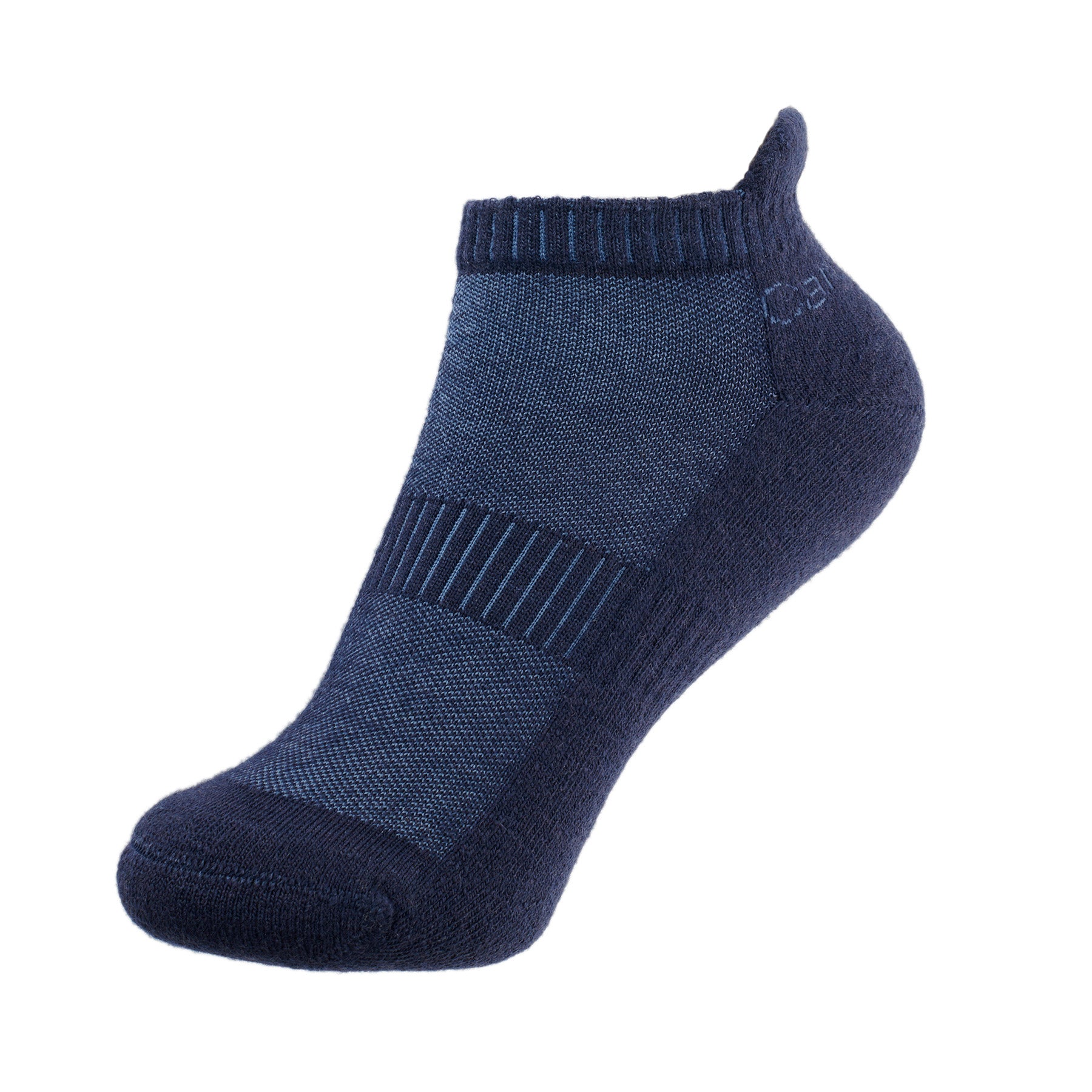 A navy merino wool trainer sock with ribbed arch support panel, shown on a white background.
