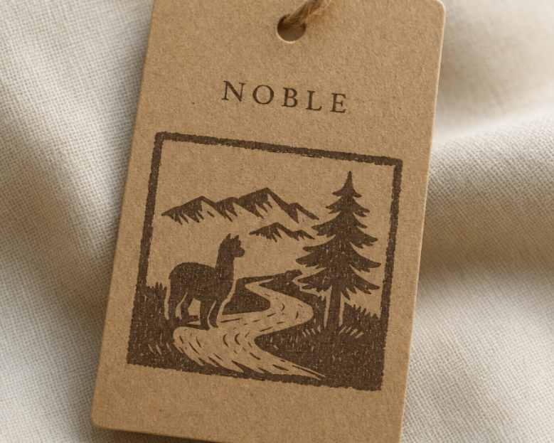 A rectangular kraft paper hang tag with a twine loop, printed with the brand name NOBLE and a dark brown illustration of a mountain landscape with a deer, tree, and winding stream, resting on light beige fabric.